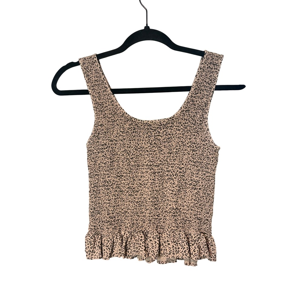 Japna Leopard Smocked Ruffle Tank Top Medium Tan Black Animal Print Boho